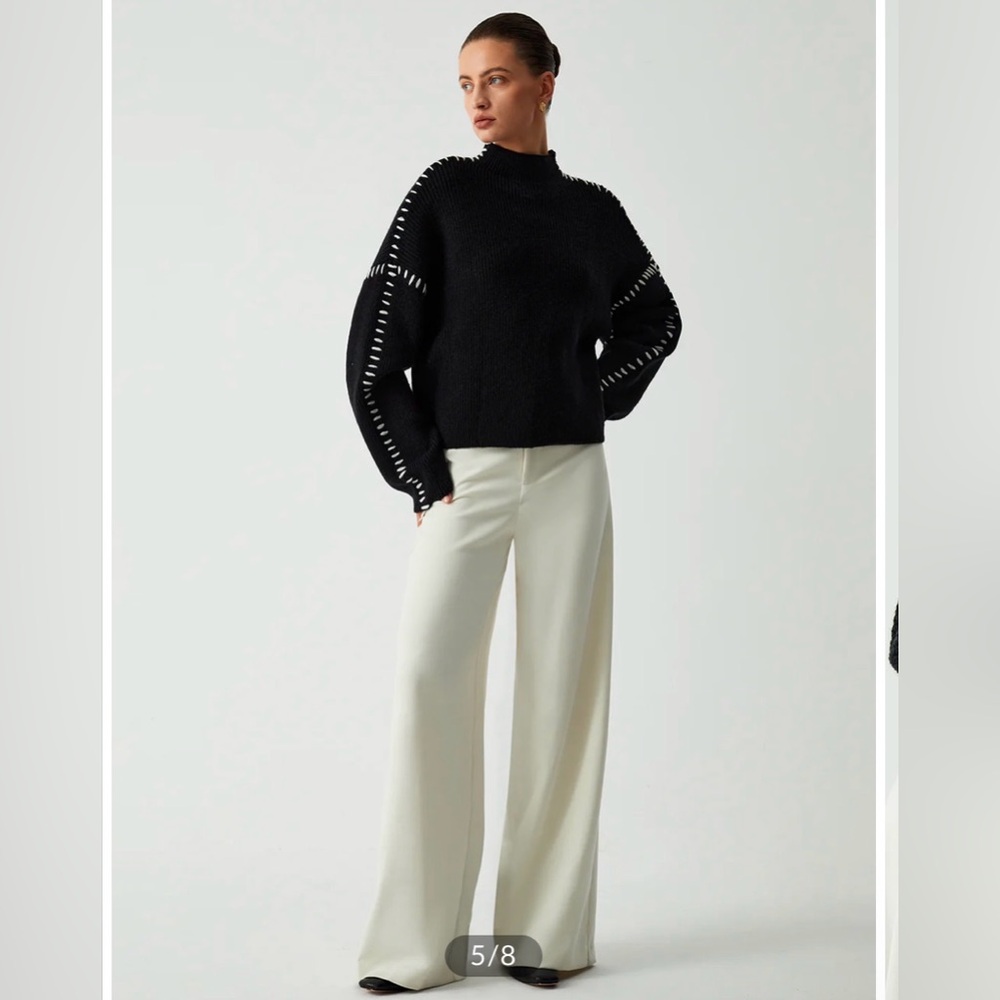 Commense Black Oversized Mock Neck Sweater with White Stitching - Picture 4 of 7